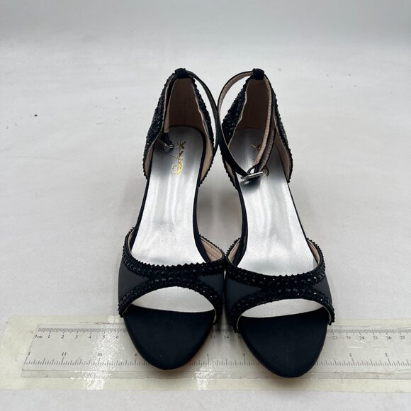 XYD Black Open Toe Rhinestones Ankle Strap Sandals Low Heel Bridal Evening Shoes - Picture 3 of 9